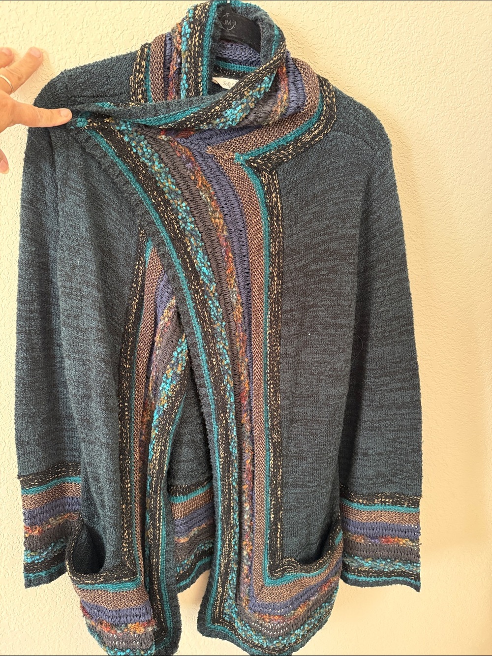 Soft Surroundings Teal Open-Front Cardigan with Multicolor Trim